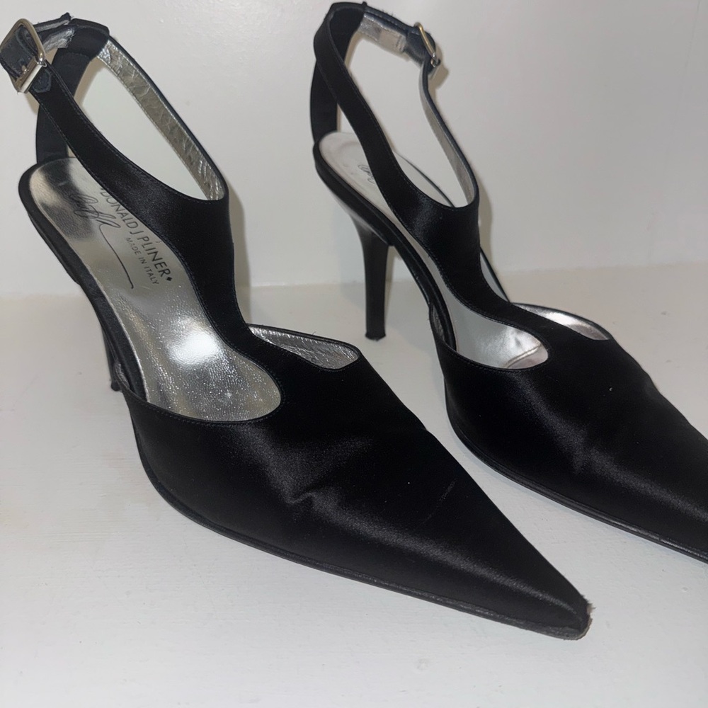 Donald J. Pliner Black Satin T-Strap Pointed Pumps - Picture 5 of 6